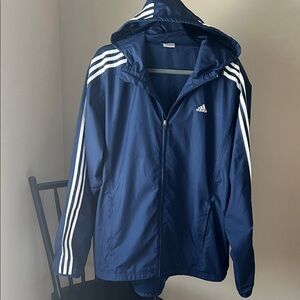 Adidas Navy Blue 3-Stripe Hooded Windbreaker Jacket - Size Large